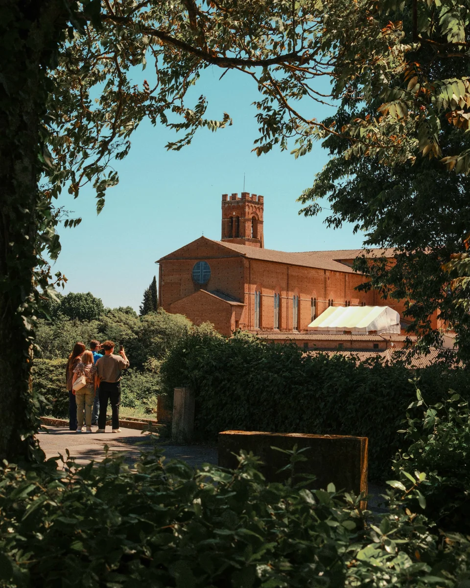 A terracotta country house and garden path framed by leafy trees.