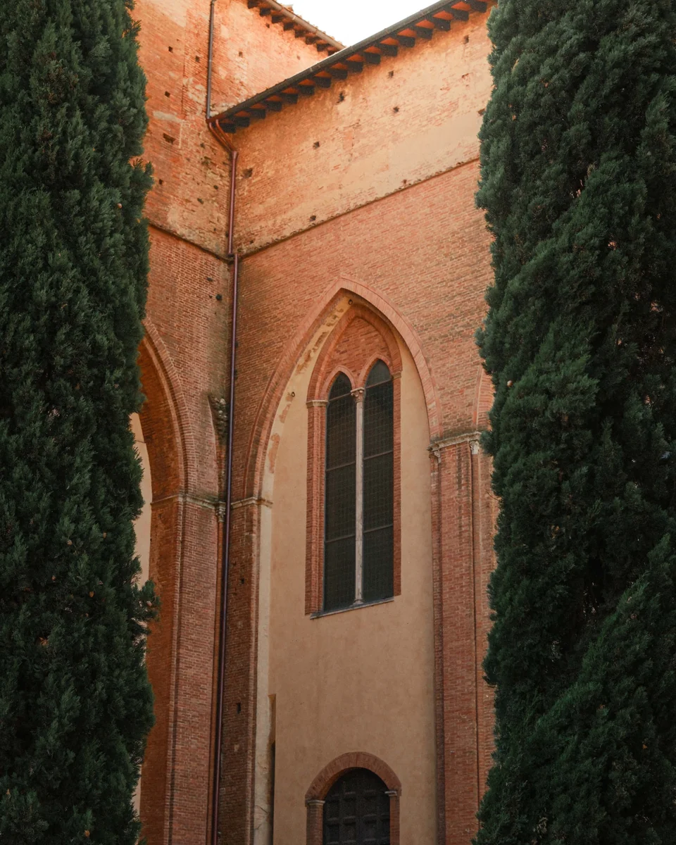 A pointed church window and pale terracotta wall framed by tall dark cypress trees.