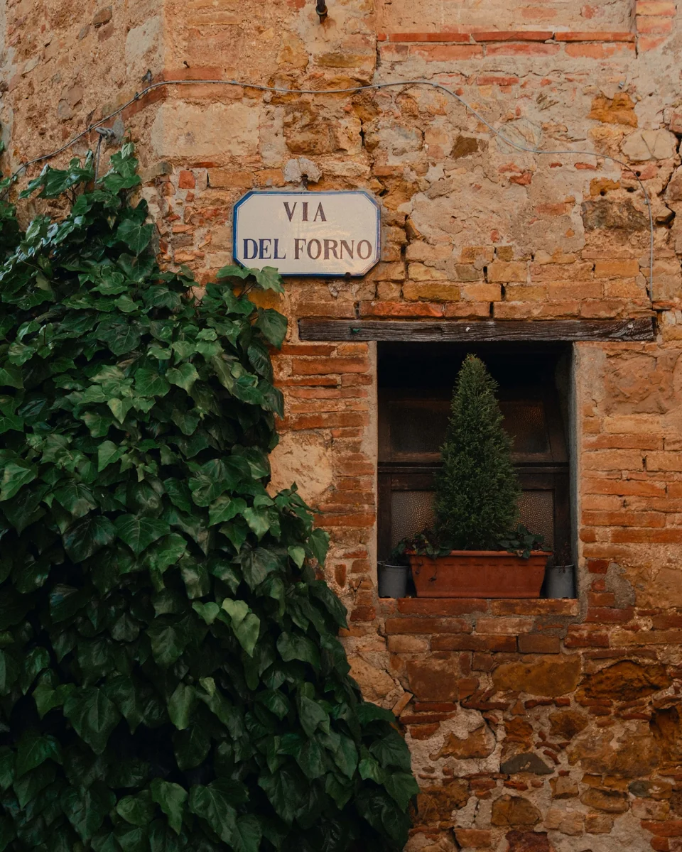 A Via del Forno street sign above a small window and potted plant in a weathered brick wall.